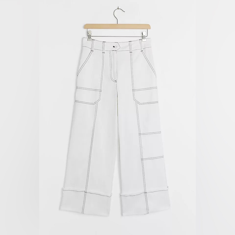 Maeve by Anthropologie Ivory Wide-Leg Contrast Stitch Utility Pants Size 0
